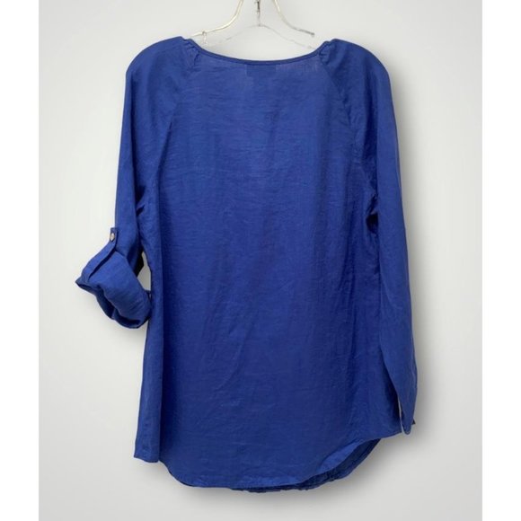 Soft Surroundings S Linen Shirt Top Tunic Blue Roll Tab Sleeves 25617 - Picture 3 of 5